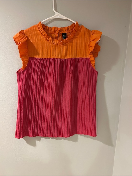 SHEIN Tops - Colorblock Pleated Ruffle Sleeve Top – Orange & Pink